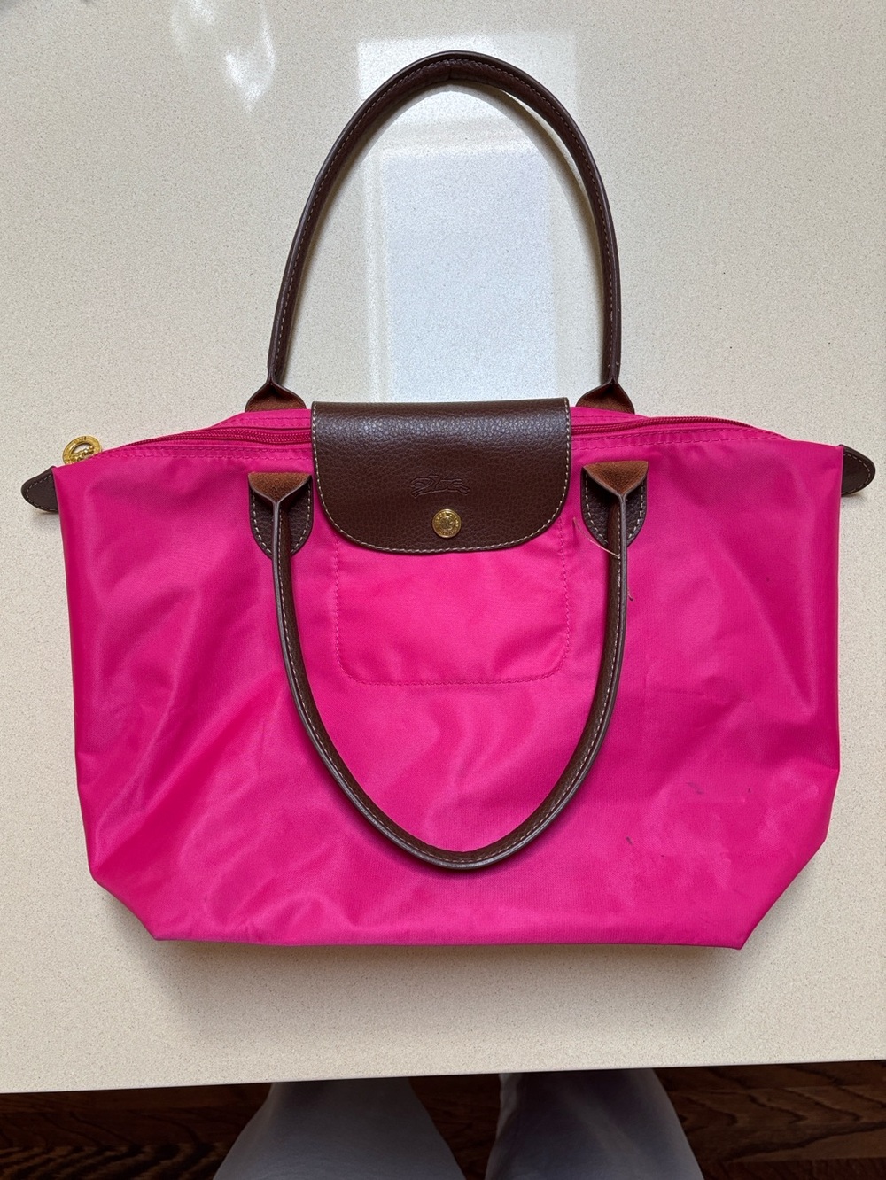 Longchamp Hot Pink Tote with Brown Trim